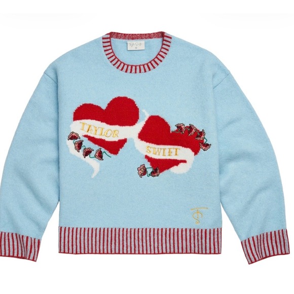 Taylor Swift Blue Hearts Long Sleeve Sweater Size Large Red Stripe Trim NWT